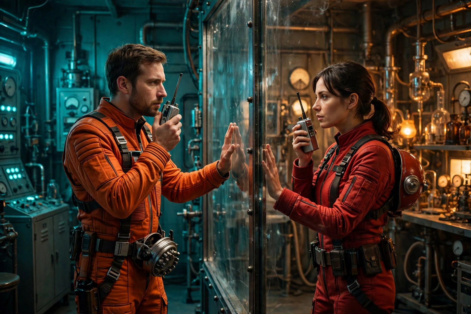 Two explorers on different platforms connecting through walkie-talkie signals