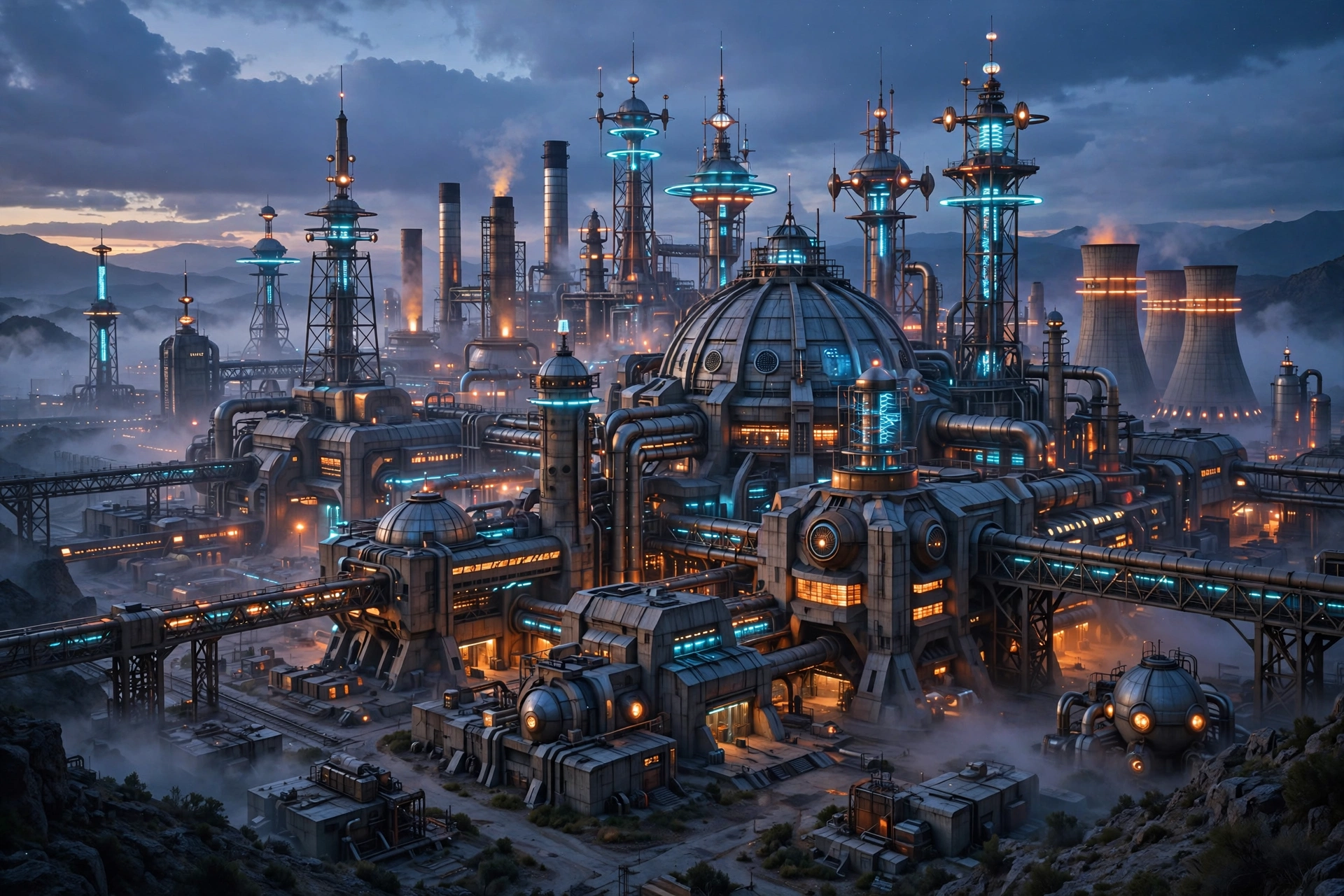 The retro-futuristic Norcek facility exterior at dusk with two explorer lights